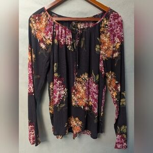Lovestitch Women's Long Sleeve Black Floral Blouse Tie Keyhole Neck